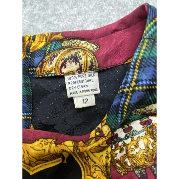 Vintage Bells Camice‎ Womens Blouse Large 12 Silk Baroque Chain Plaid 90s Preppy - Picture 5 of 13